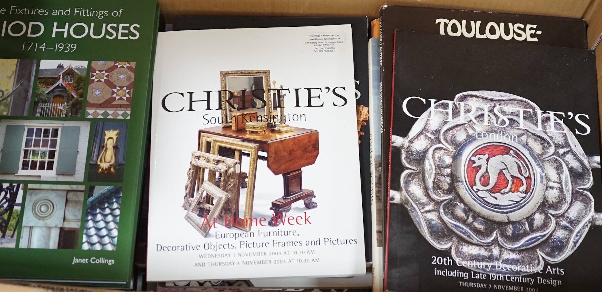 A box of books and catalogues concerning decorative arts